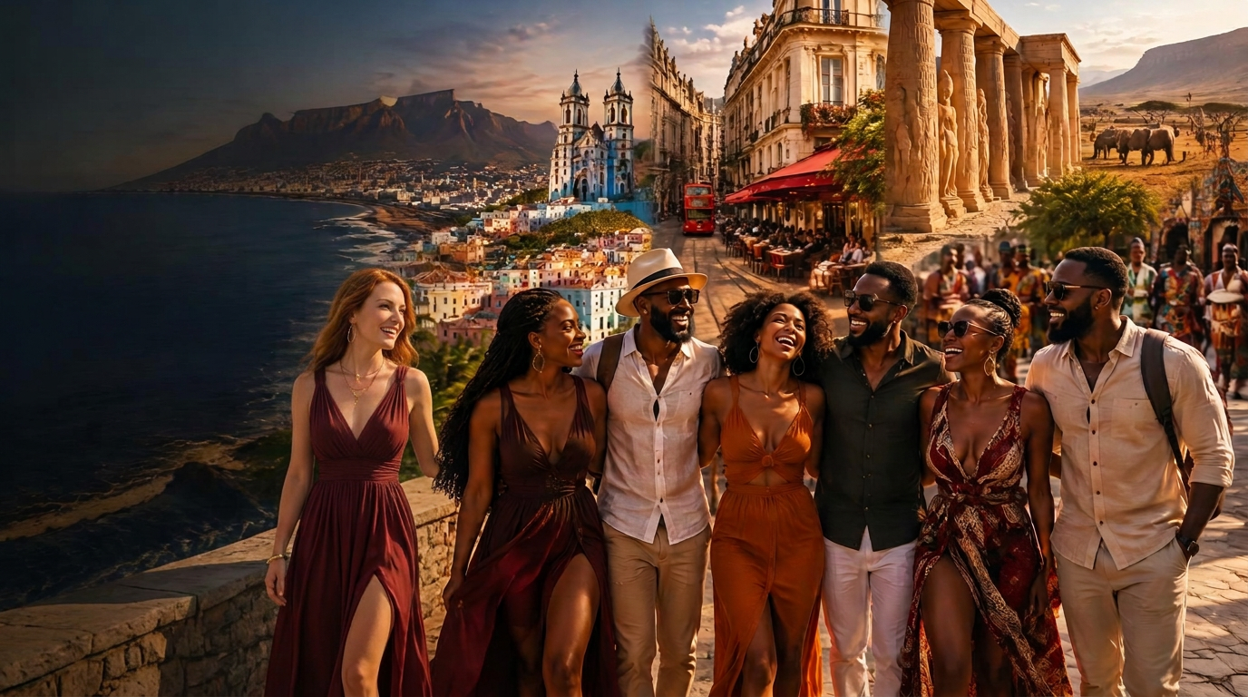 Black American travelers exploring destinations across Africa, Europe, and Brazil